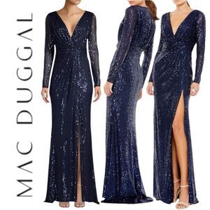 MAC DUGGAL Women’s Sequined Long Sleeves Gown in the Size 12 in Midnight Blue